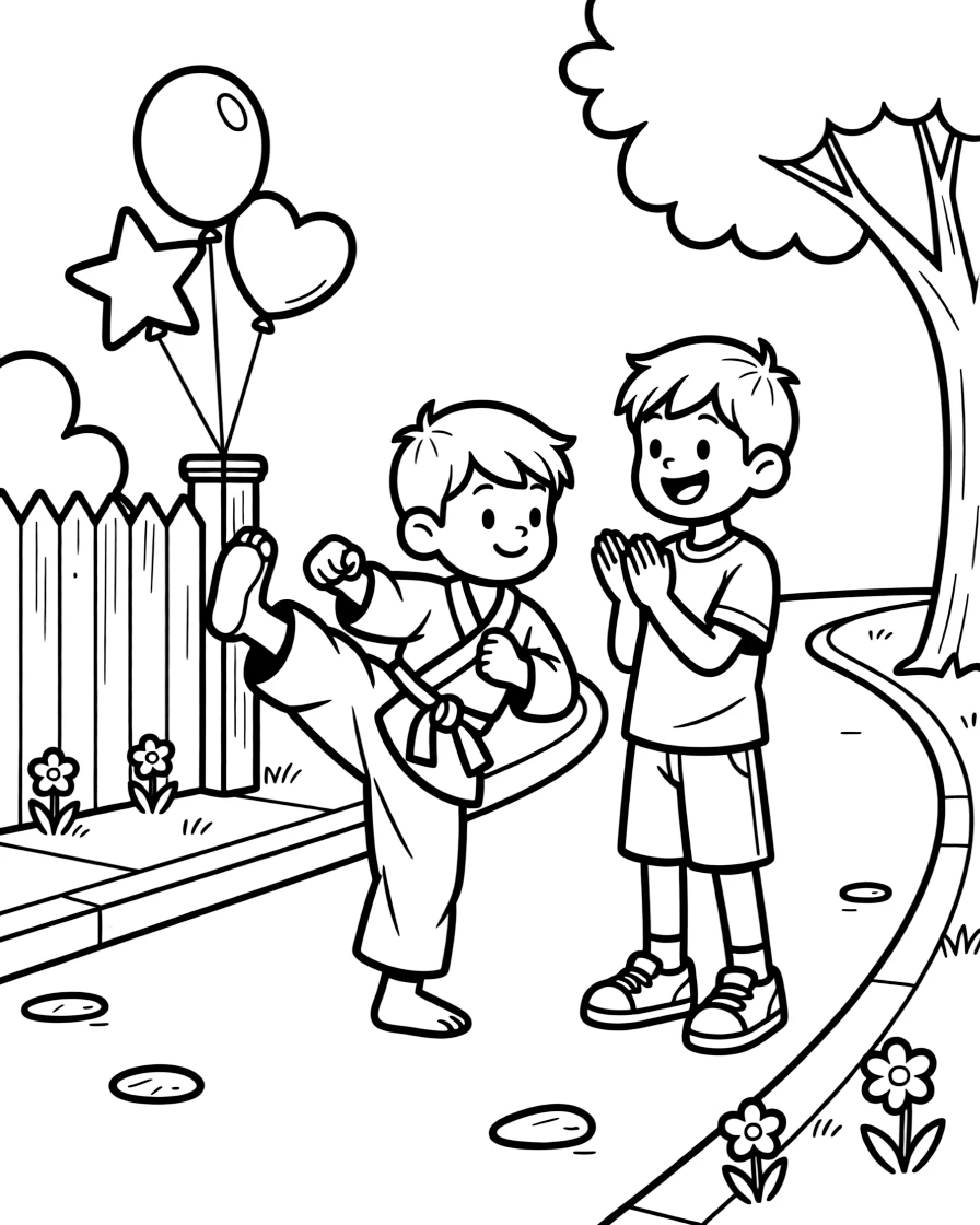 A small boy practicing a martial arts kick with a best friend on a quiet cul-de-sac with balloons tied to a fence post.