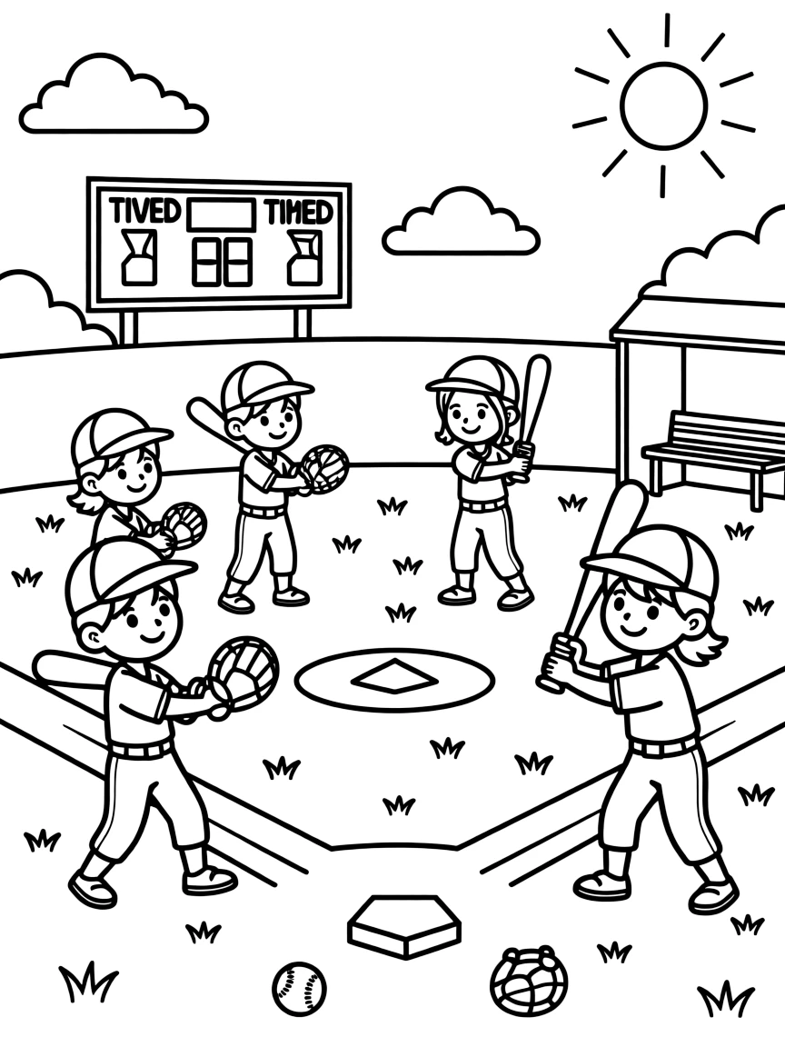 A group of classmates, batting practice at a sunlit Little League field with a scoreboard reading tied game.