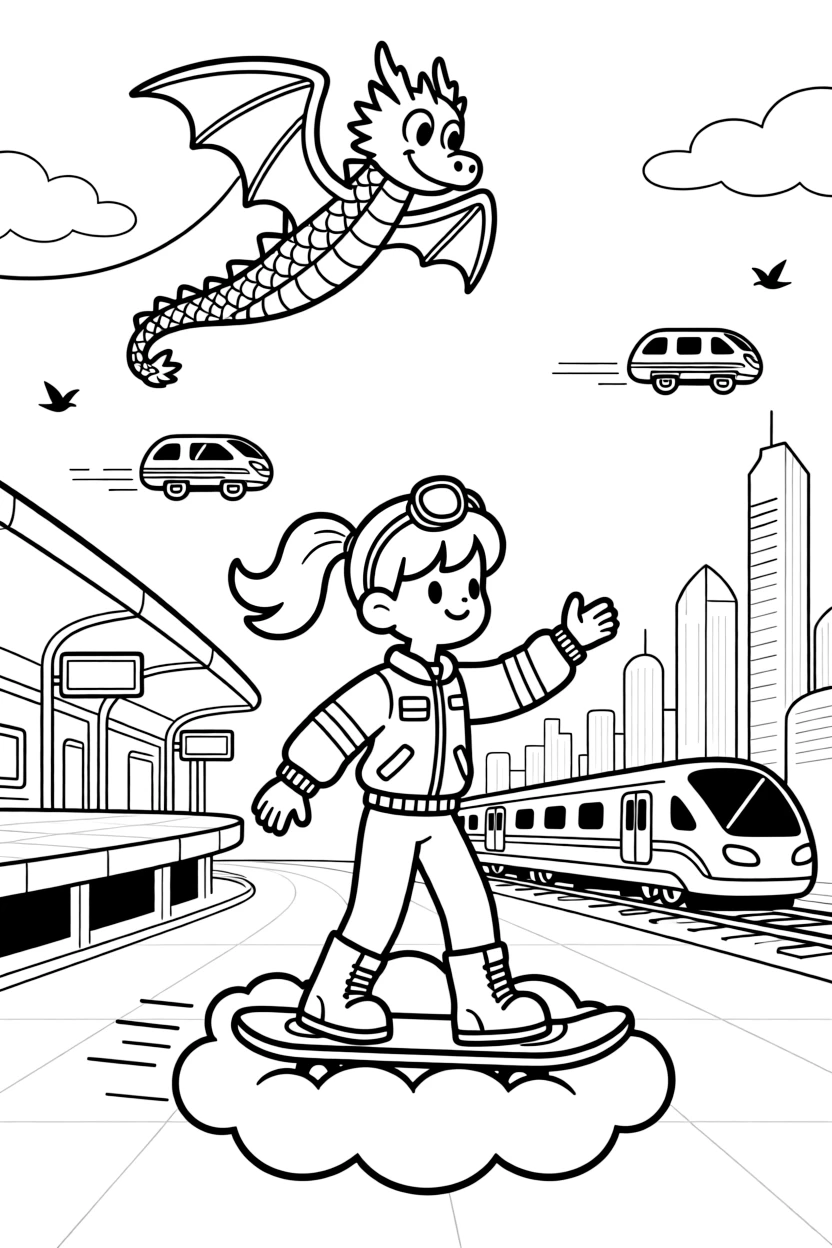 In a bustling train station for hover-trains connecting floating cities, pilot Ruby zooming along on a cloud cruiser practicing a magic trick with holographic light rings, while a kite shaped like a friendly dragon flying overhead adds to the excitement.
