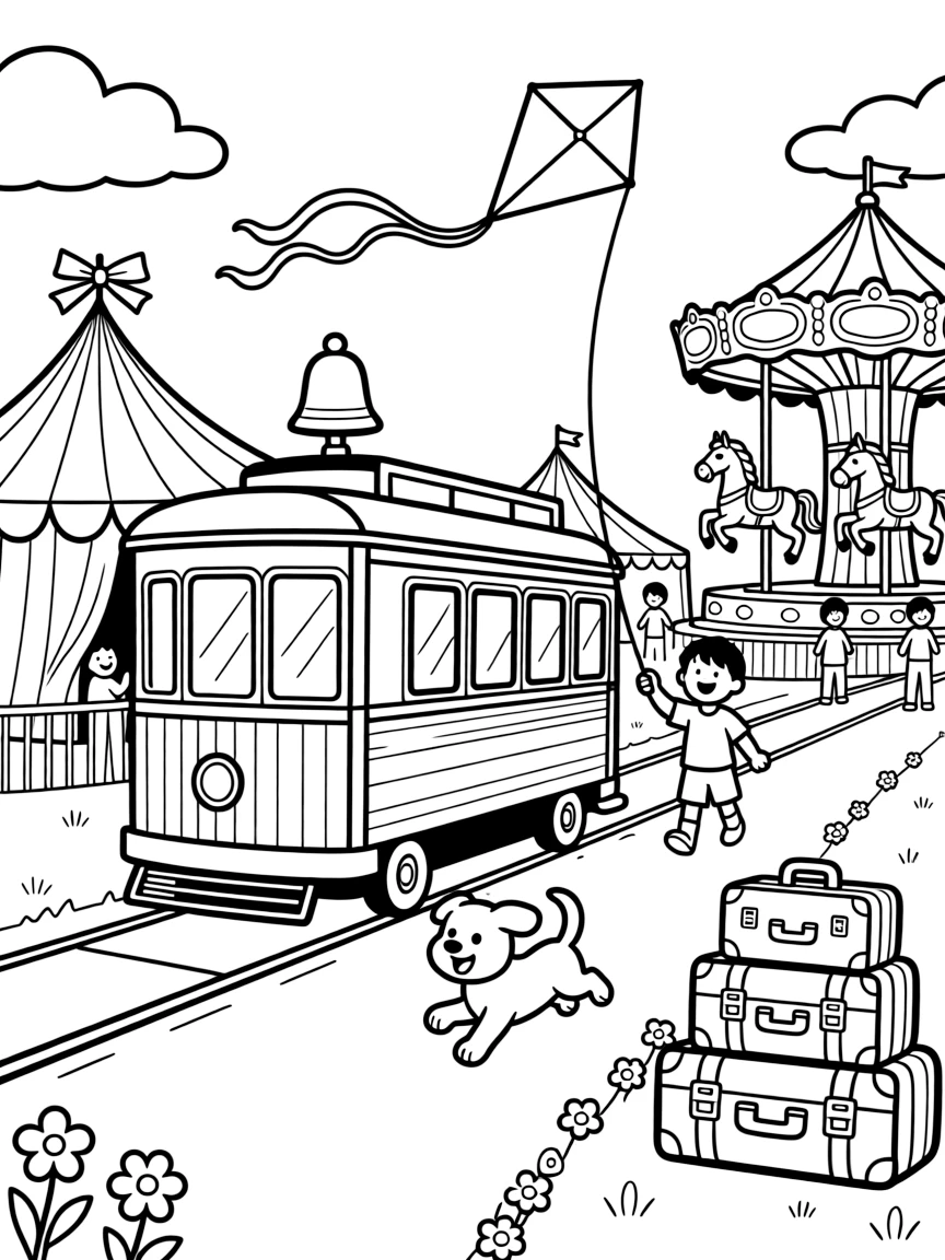 This page centers on a rattling old streetcar with a bell on top exploring a lively county fair with a carousel and ribbon-topped tents, featuring an excited puppy chasing along the road and little extras like a kite dancing in the breeze above and a stack of suitcases piled up for the journey.