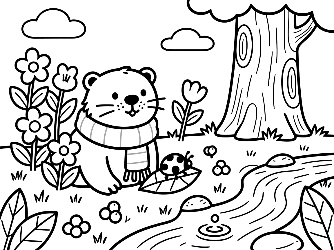 A otter playing hide and seek among the flowers with a ladybug beside a bubbling brook, near a giant redwood tree, with ripe berries scattered on the ground.