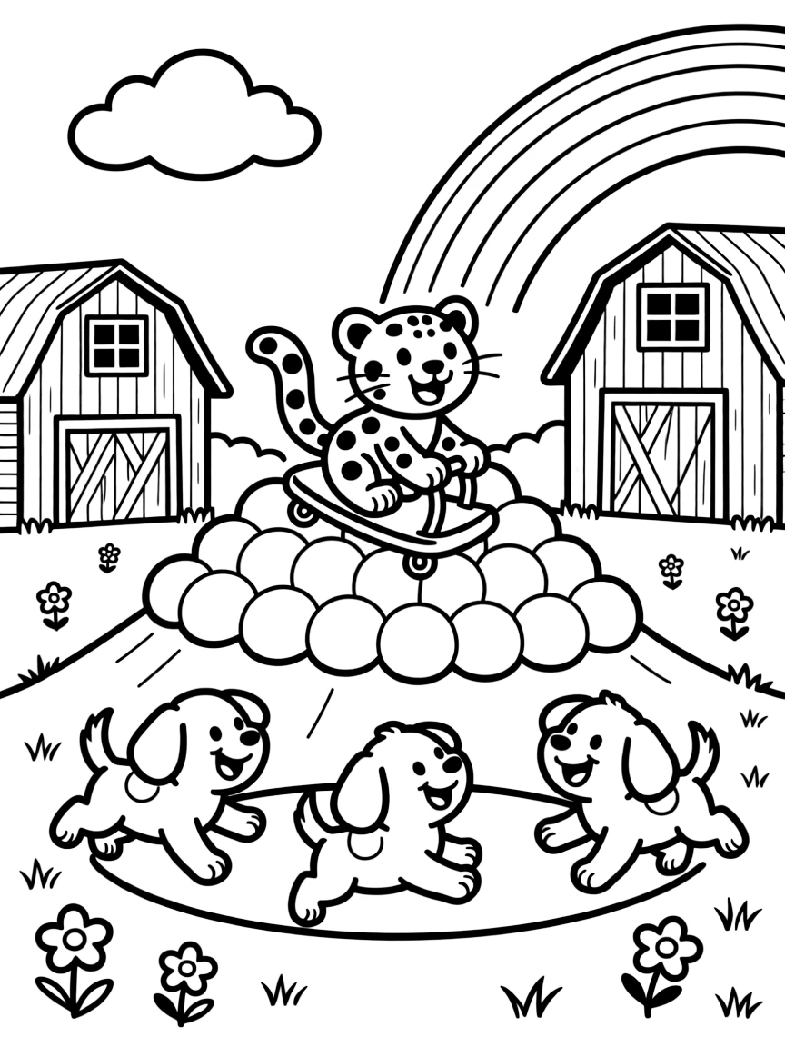 On a farm with rainbow-striped barns, a pint-sized snow leopard cub discovers the joy of sledding down a mountain made of marshmallows, while three bouncing puppies chasing their tails watches happily nearby. Everyone is laughing and having the best time.
