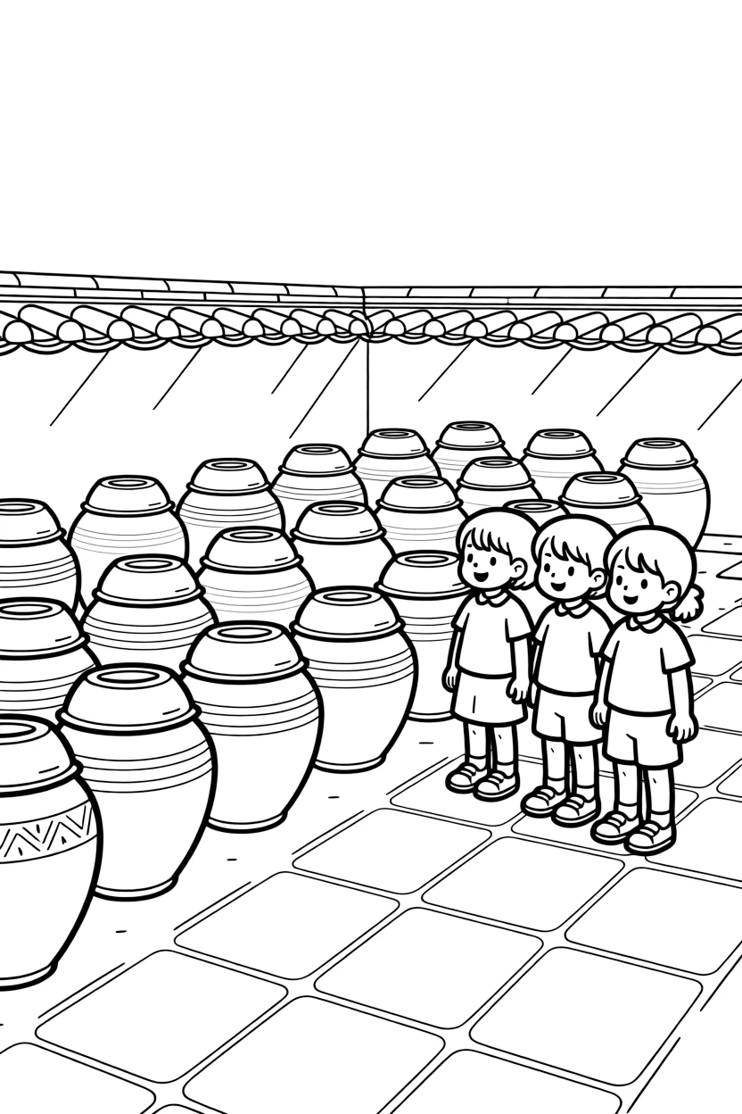 A coloring page showing rows of clay pots (onggi) used for fermenting kimchi in a sunny courtyard in South Korea, admired by a group of delighted children gathered close by.