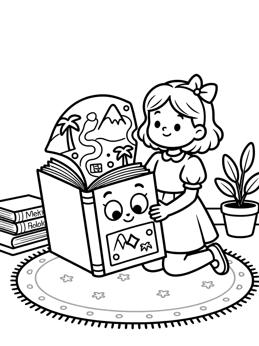 a thoughtful little girl helps a talking book flip its own pages to reveal a hidden treasure map.