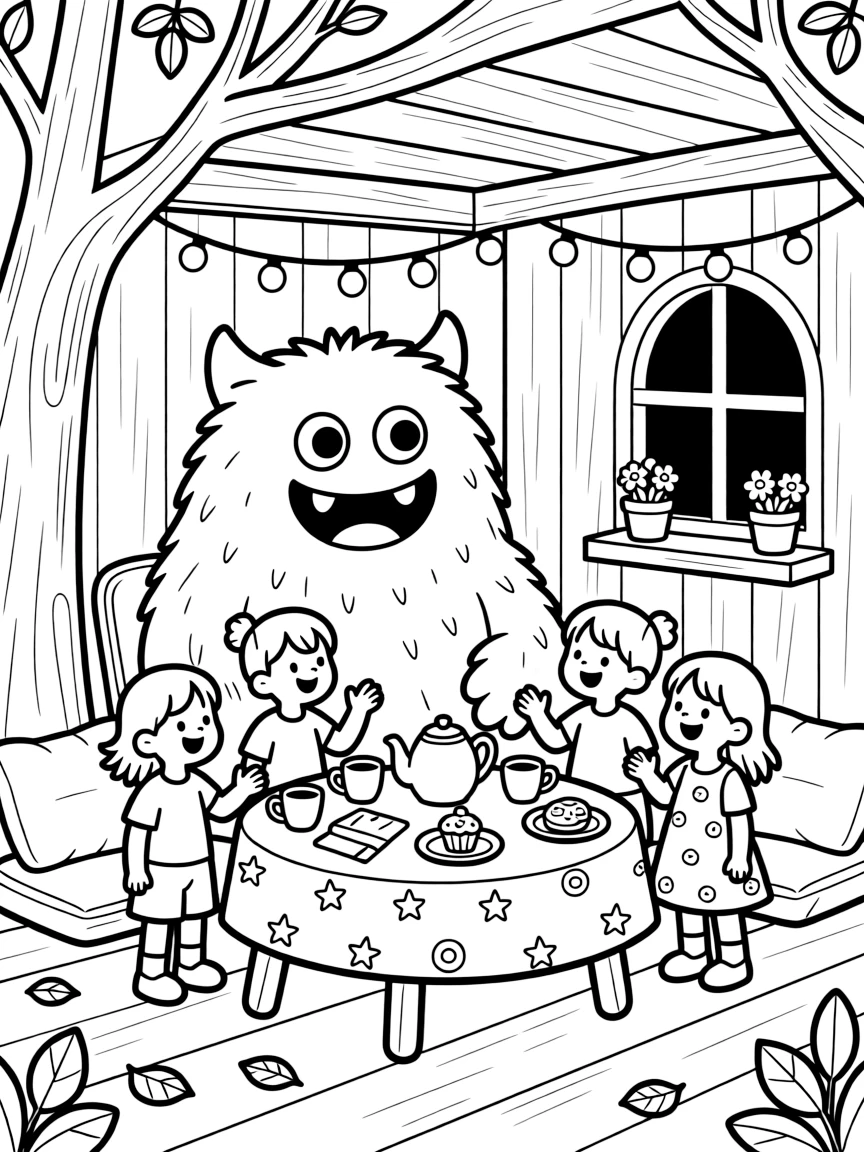 A friendly, fuzzy monster with too many eyes and a big grin hosts a tea party for a group of giggling children in a treehouse decorated with fairy lights.