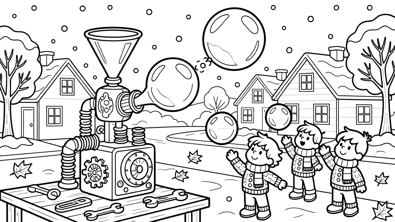 [Imaginative Inventions] a bubble-blowing machine launching bubbles the size of balloons above a small neighborhood. In the background, tools and gears are scattered across a workbench, adding extra fun to explore. Gears and springs add fun mechanical detail. It all happens on a crisp autumn afternoon, with snow gently falling.