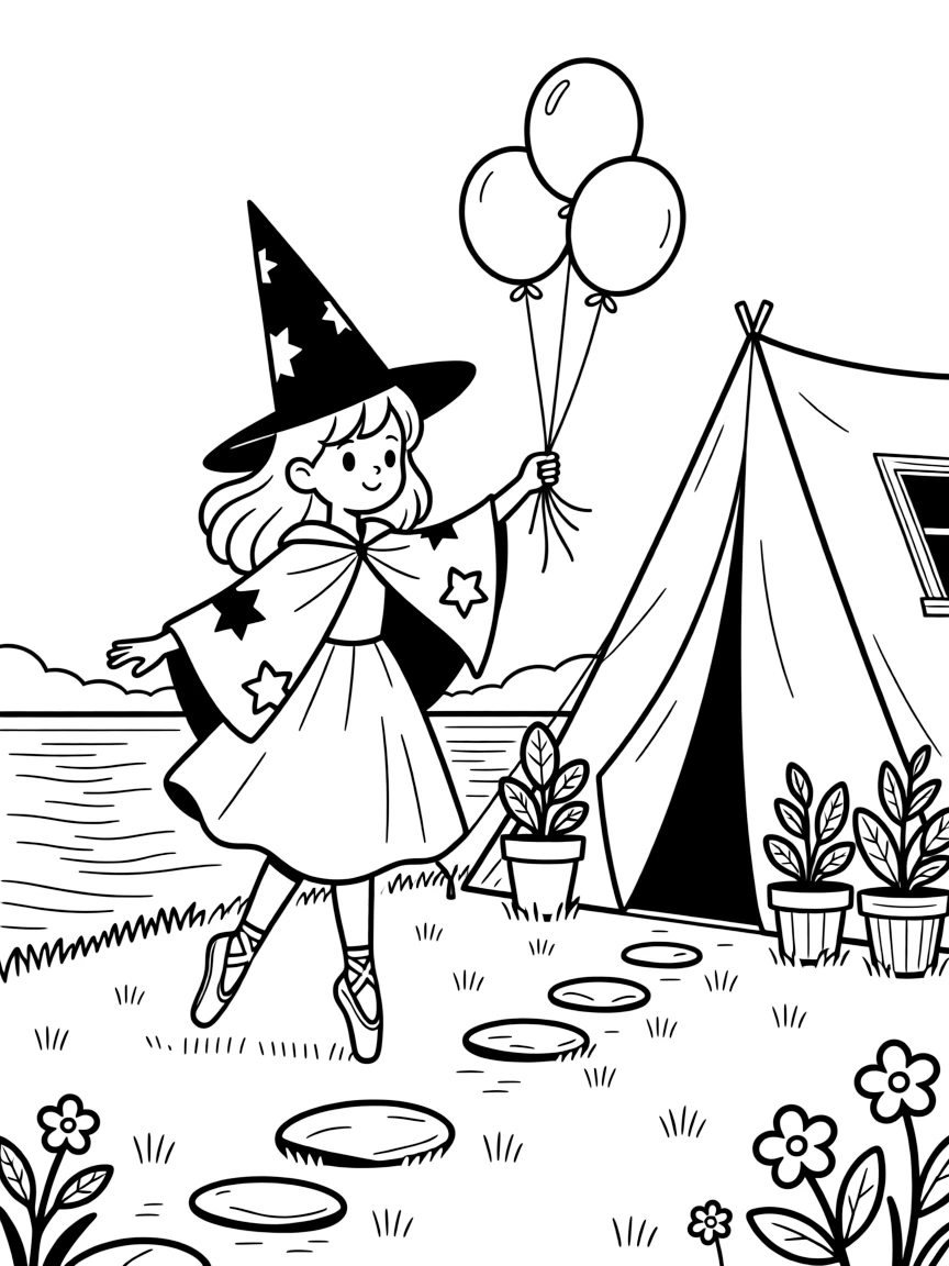 A young witch in a pointy hat and patched cloak is practicing gentle ballet twirls at a lakeside campsite with a cozy tent. All around, a row of potted plants along a windowsill and a cluster of bouncing balloons tied with ribbon make the setting feel extra special.
