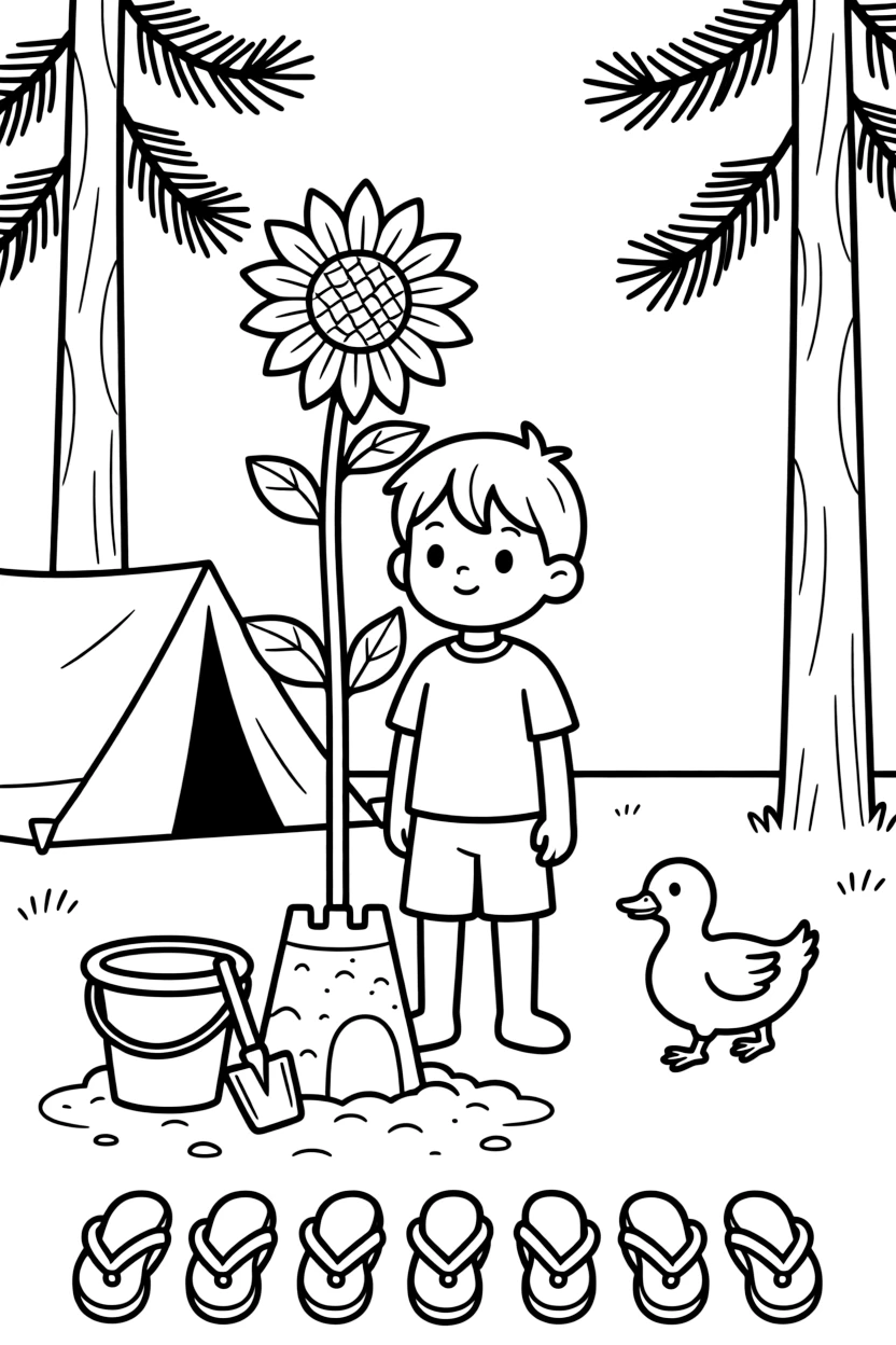 A child standing beside a sunflower taller than they are in a campsite nestled among tall pine trees, with a waddling duckling playing close by amid a bucket and shovel by a sandcastle and a row of colorful flip-flops.