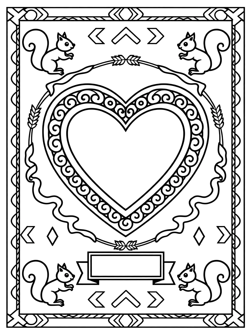 Woodland Animals: The page centers on a repeating motif of a squirrel leaping with its tail fanned wide, built around a heart-shaped mandala framed by soft curling loops. The motif is lined up along the top and bottom edges, mirrored by a matching row along the left and right sides. Decorative details fill the surrounding space, including ribbons folded into gentle zigzags, rows of arrow-shaped chevrons, and a repeating chain of small diamonds woven throughout the background. A playful extra touch completes the page: a little blank banner tucked into the design, ready for a name to be added.