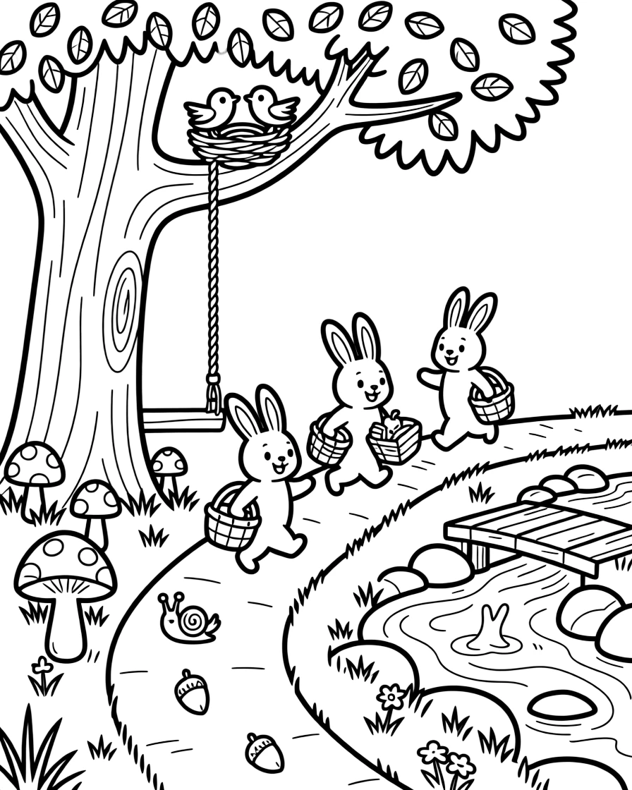 [Enchanted Forest] A cheerful family of rabbits hops along a winding forest trail, baskets in paw for a woodland picnic. Tiny birds build a nest in a low branch while a snail slowly climbs a nearby toadstool. The path winds past a giant oak tree with a rope swing, colorful toadstools, and a bubbling brook crossed by a small wooden bridge. Sunlight filters through the leaves, and a trail of fallen acorns leads toward a hidden clearing sparkling with morning dew.
