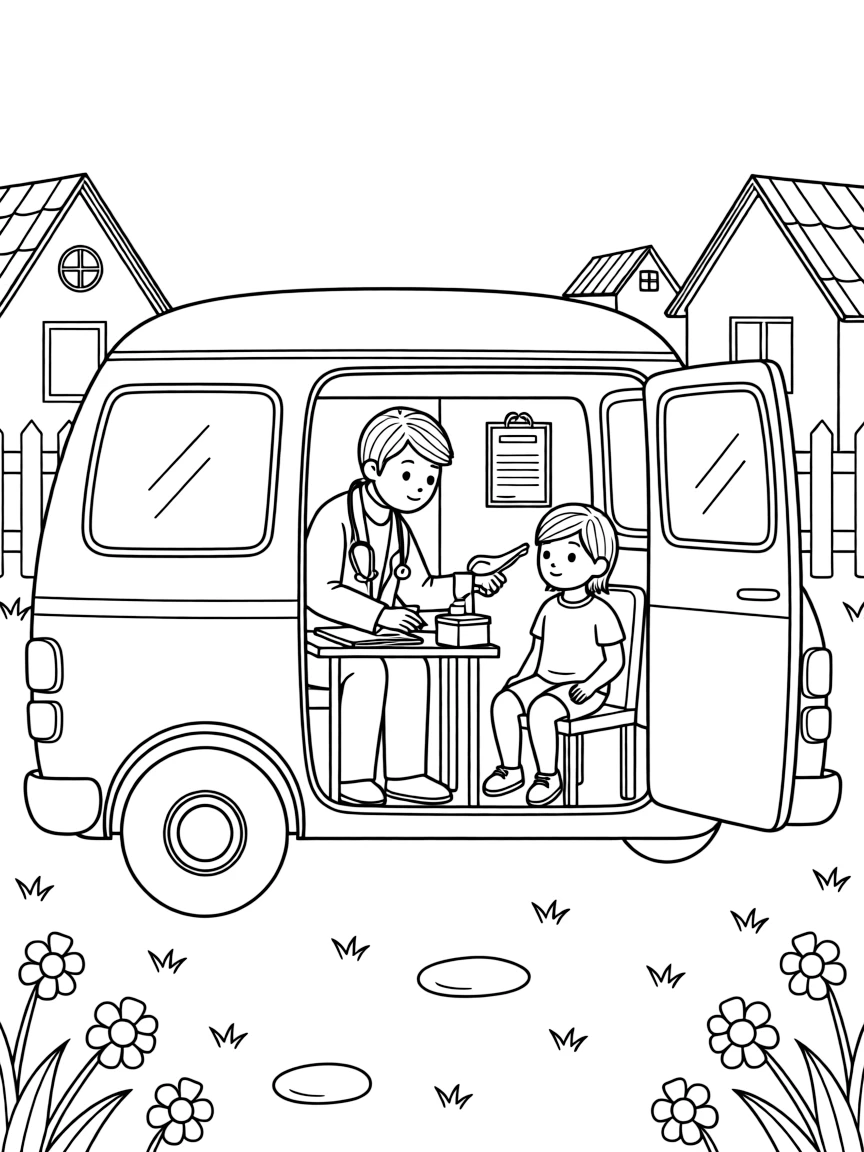 A mobile clinic doctor examines a patient inside a van parked in a rural village.