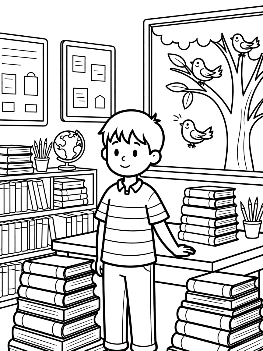 A boy in a striped shirt checking out books at the library desk at a colorful classroom as birds chirp in a nearby tree.