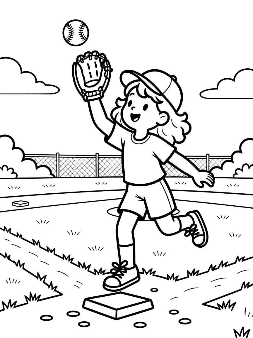 A little girl with curly hair, leaping to snag a line drive at shortstop, glove stretched over their head.