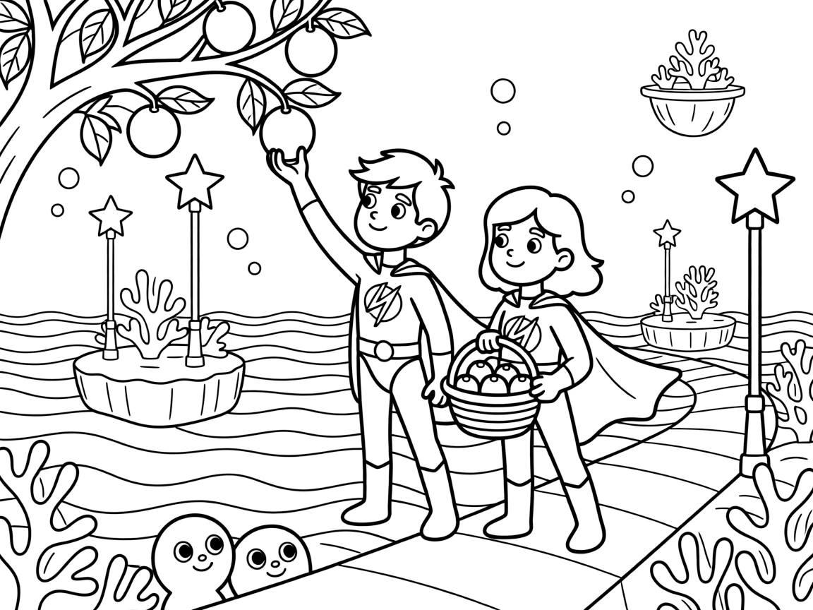 In a coral-covered ocean planet with floating kelp forests, twin superhero siblings Blaze (magnetic) and Ember (super-strong) harvesting glowing fruit from floating orchard islands, while a row of streetlights shaped like glowing stars adds to the excitement.