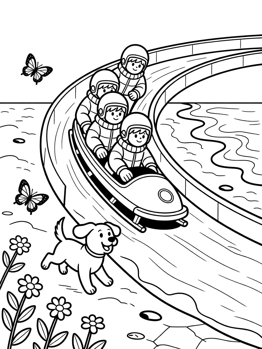 A bobsled team zooming down an icy curved track is shown journeying through a sunny sandy beach where waves roll onto the shore, with a friendly dog with its ears flapping in the wind close by and butterflies fluttering near a patch of wildflowers completing the lively scene.