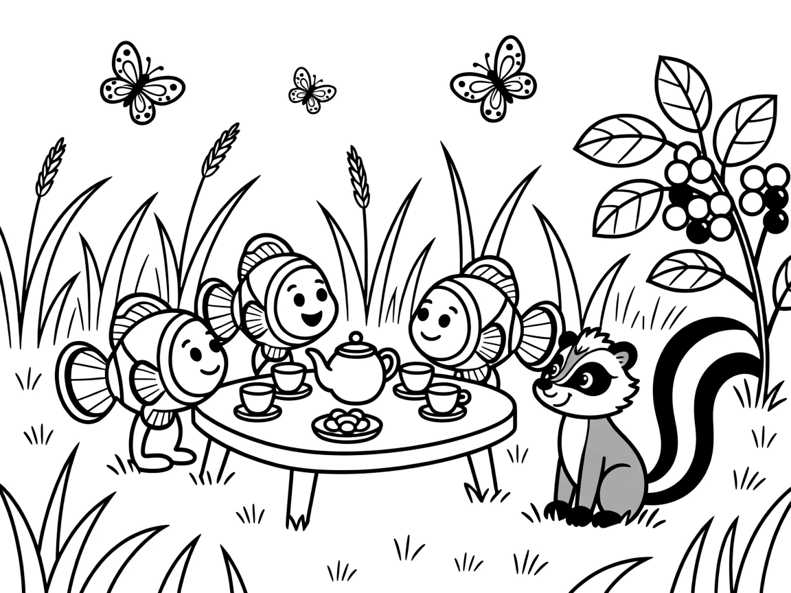A school of clownfish having a tea party with a skunk kit in a field of tall grass, near a berry bush, surrounded by fluttering butterflies.