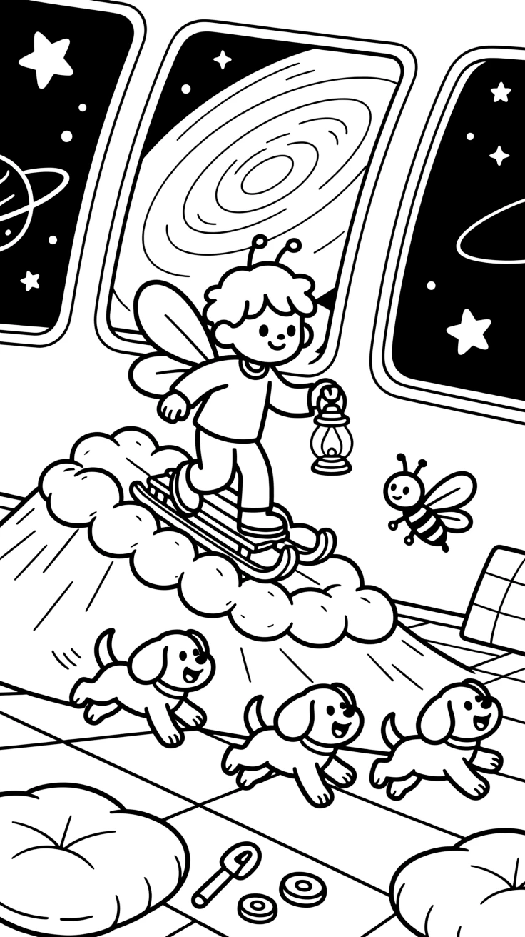 A chirpy firefly lamplighter is sledding down a mountain made of marshmallows on a spaceship deck looking out at swirling nebulae, joined by a tiny firefly friend lighting the way and three bouncing puppies chasing their tails. It's a perfectly wonderful, magical moment.