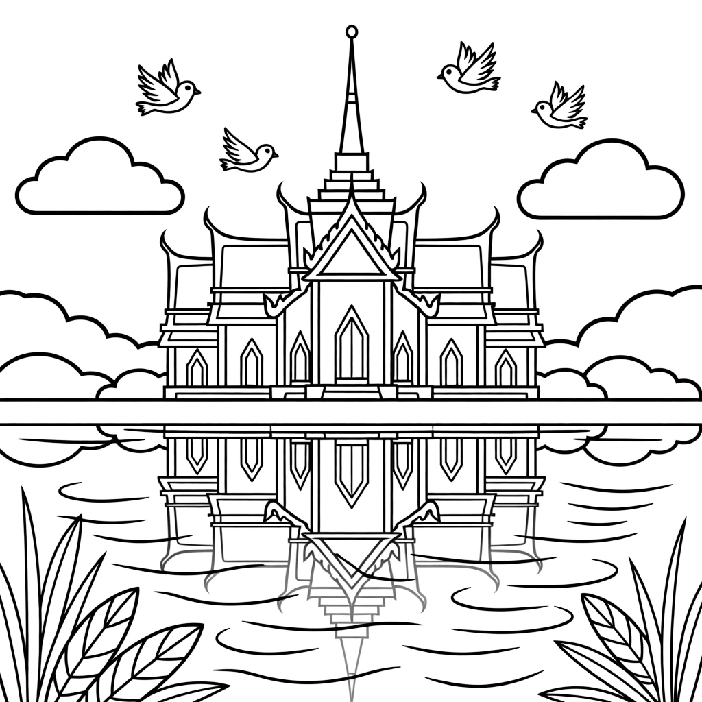 A coloring page celebrating Thailand featuring the golden spires of a temple reflected in a calm river, with a few small birds in the sky and friendly clouds nearby.