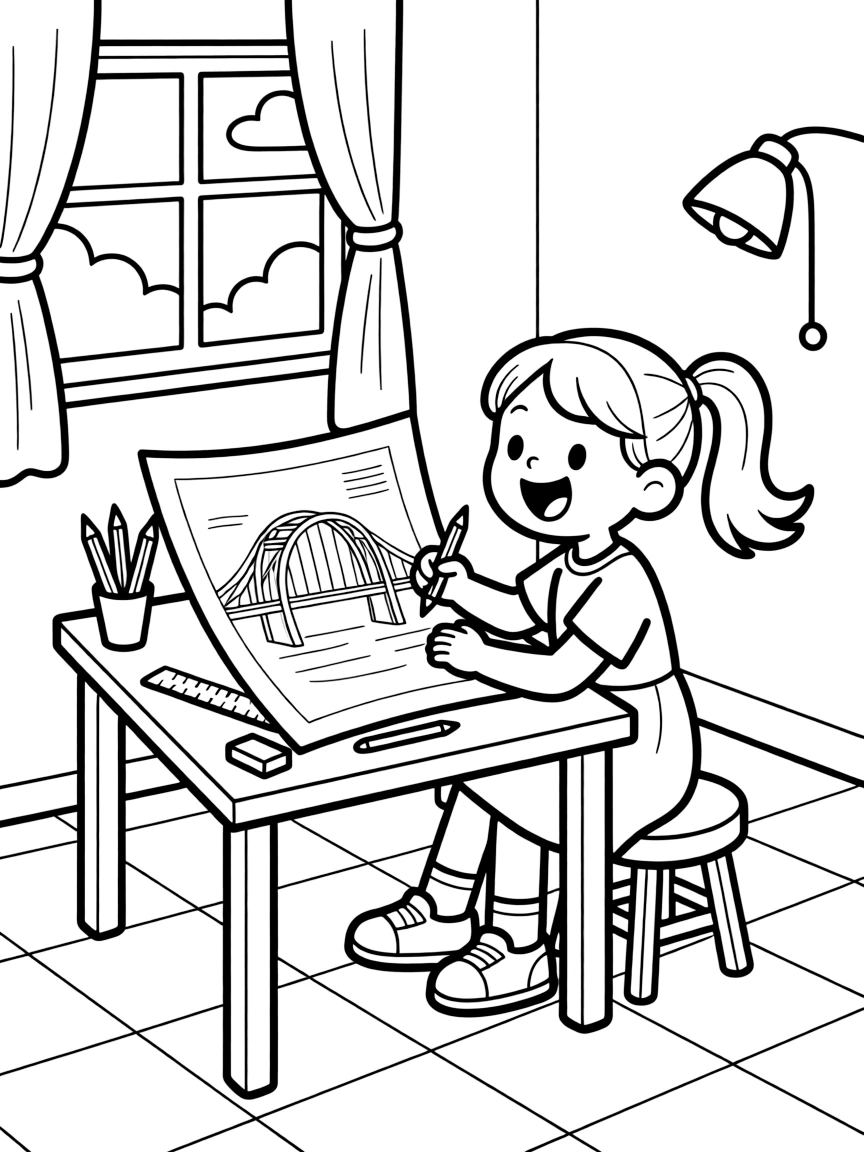 an excited little girl sketches blueprints for a bridge at a small drafting table.