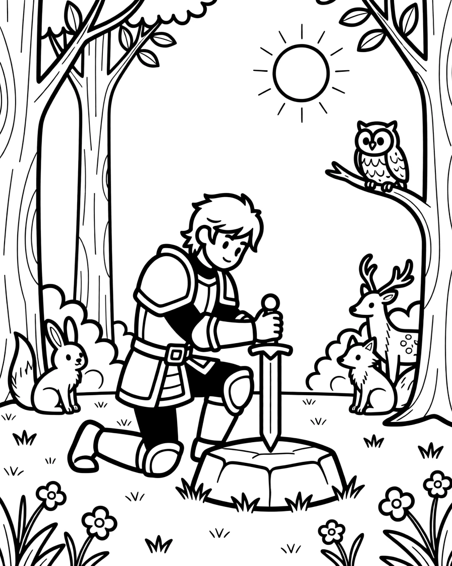 A legendary hero in shining armor pulls a glowing sword from a stone in the center of a moonlit forest clearing, watched by curious woodland animals.