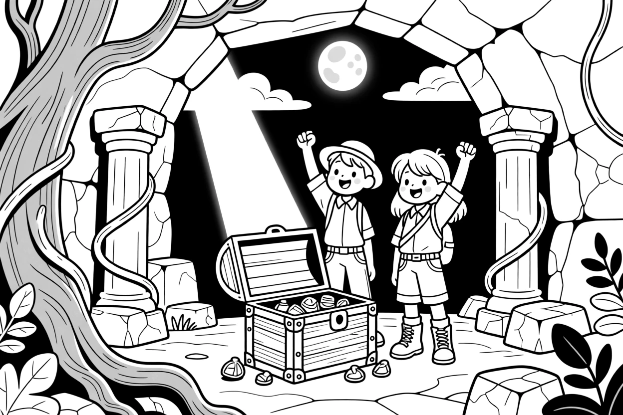 [Treasure Hunts] A dynamic scene shows a pair of treasure hunters uncovering a chest hidden in a cave within an ancient stone ruin, cheering with both fists raised. Close by, vines and roots wrap around crumbling stone. Sunlight filters through cracks in the ceiling. The moment unfolds under a full moon, with fluffy clouds drifting overhead, filled with energetic detail perfect for a young colorist.