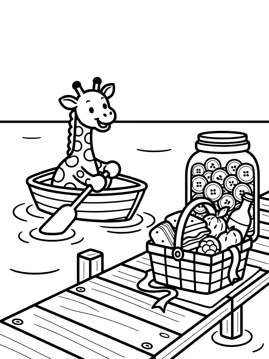 A spotted giraffe calf is rowing a little wooden boat across calm water on a wooden dock by a calm lake. Close by, a jar of colorful buttons and ribbons and a picnic basket overflowing with treats round out the happy picture.