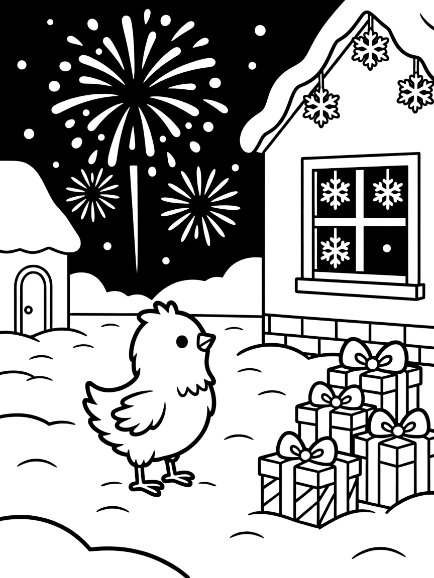 A tiny chick admiring a burst of fireworks lighting up the midnight sky on a snow-covered village square, near a stack of wrapped gifts and paper snowflakes hanging in a window.
