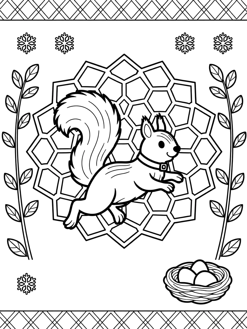 Woodland Animals: The page presents a small themed scene built around a squirrel leaping with its tail fanned wide, tied together by a honeycomb mandala tiled from small hexagon cells. The scene is arranged in a mirrored scene, with matching elements balanced on the left and right halves of the page. Decorative details fill the surrounding space, including six-point snowflake shapes, rows of small square tiles, and a grid of lattice diamonds woven throughout the background. A playful extra touch completes the page: a tiny nest holding three small eggs tucked into the pattern.