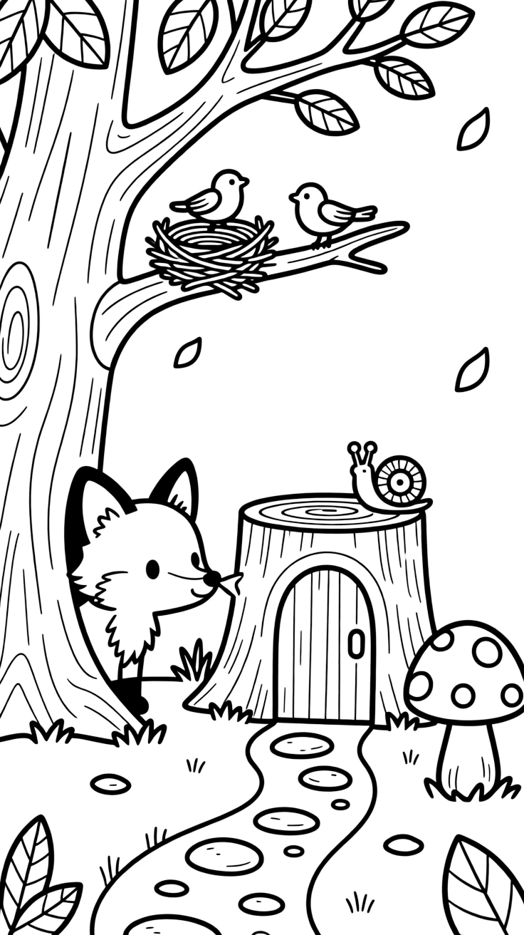 [Enchanted Forest] A curious fox pup peeks out from behind a giant tree trunk, sniffing at a trail of glowing mushrooms. Tiny birds build a nest in a low branch while a snail slowly climbs a nearby toadstool. A ring of spotted mushrooms circles an old tree stump carved into a tiny door, with pebbles forming a winding path. A gentle breeze rustles the leaves overhead, scattering a few petals across the forest floor.