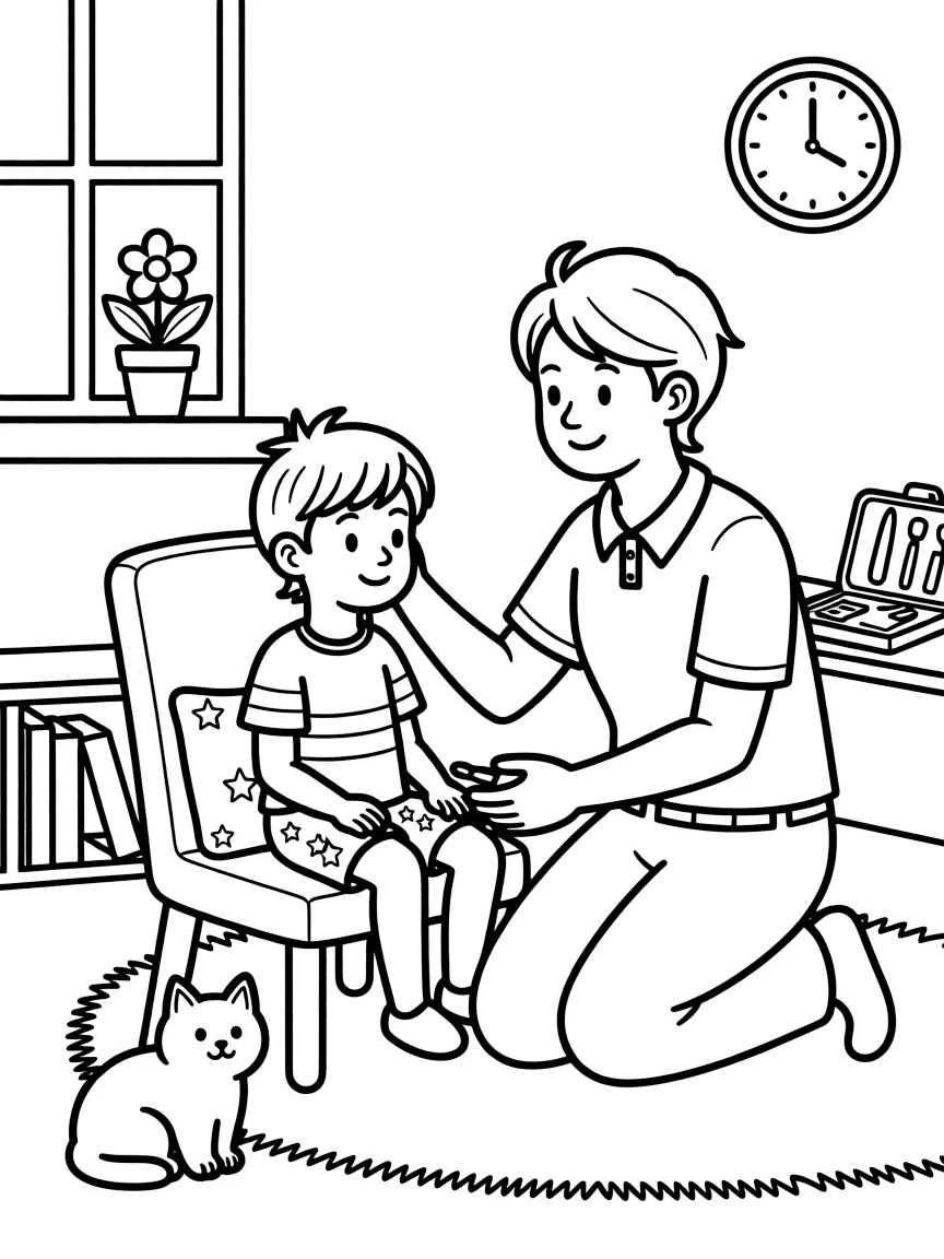 A hearing specialist fits a child with a small hearing aid using a special tool kit.