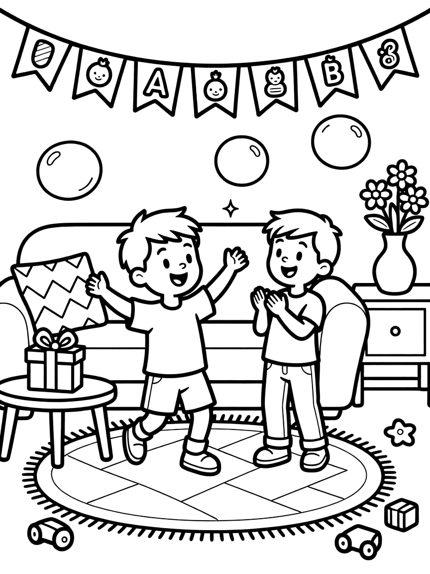 A little brother dancing in the living room during a baby shower celebration with a stepbrother as soap bubbles float upward.