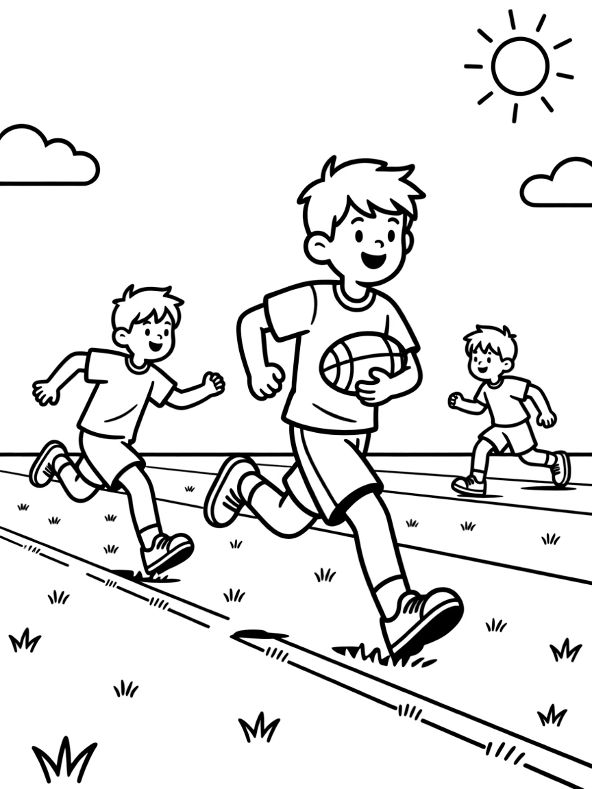 A cheerful young boy, sprinting down the field cradling the football, dodging two would-be tacklers on the turf.