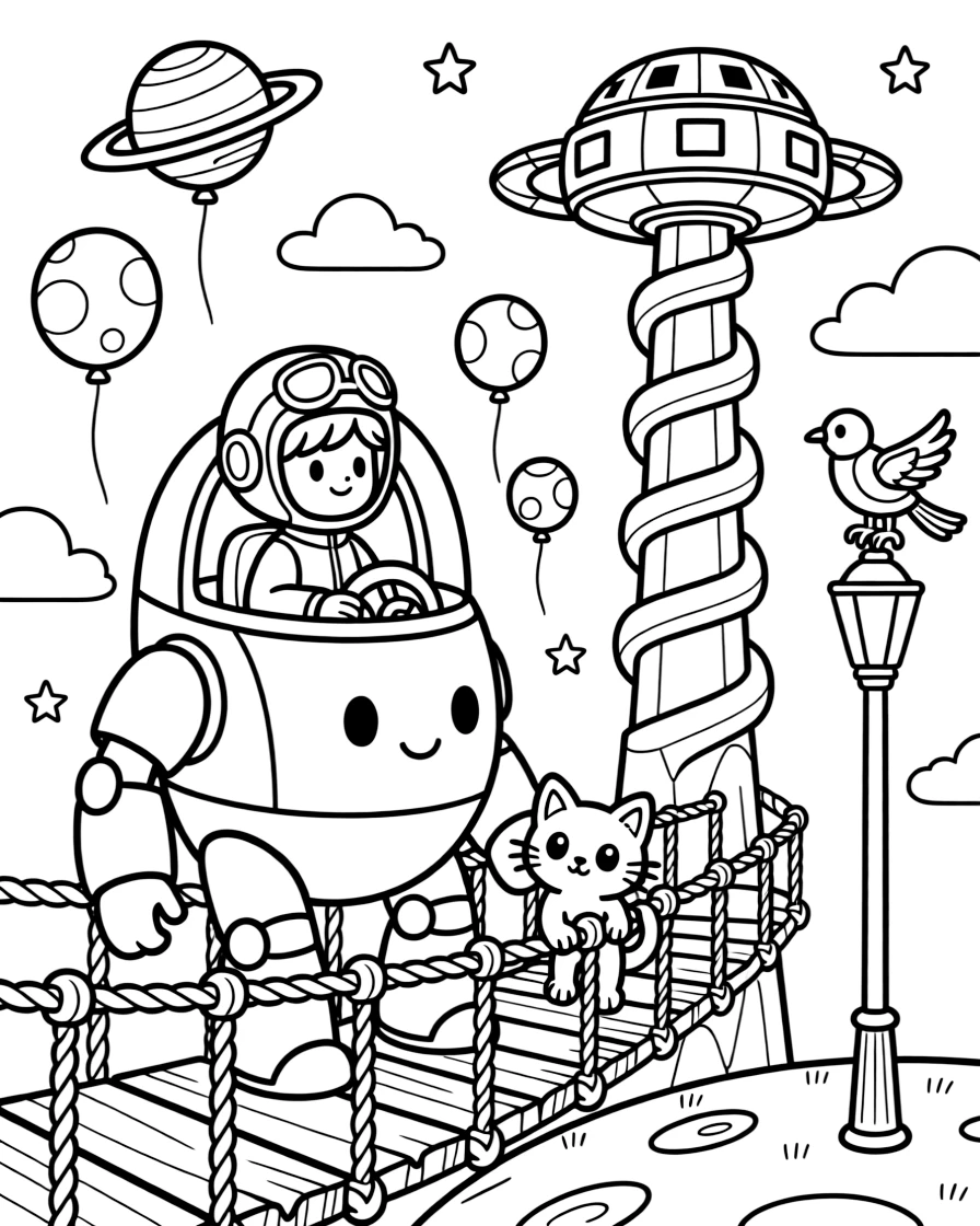 Young pilot Cinder riding inside the friendly giant mech Rocket Ram rescuing a stranded alien kitten from a crumbling rope bridge near a spiral space elevator connecting a planet to its orbiting station, surrounded by a cluster of balloons shaped like planets and a robotic bird perched on a lamp post.