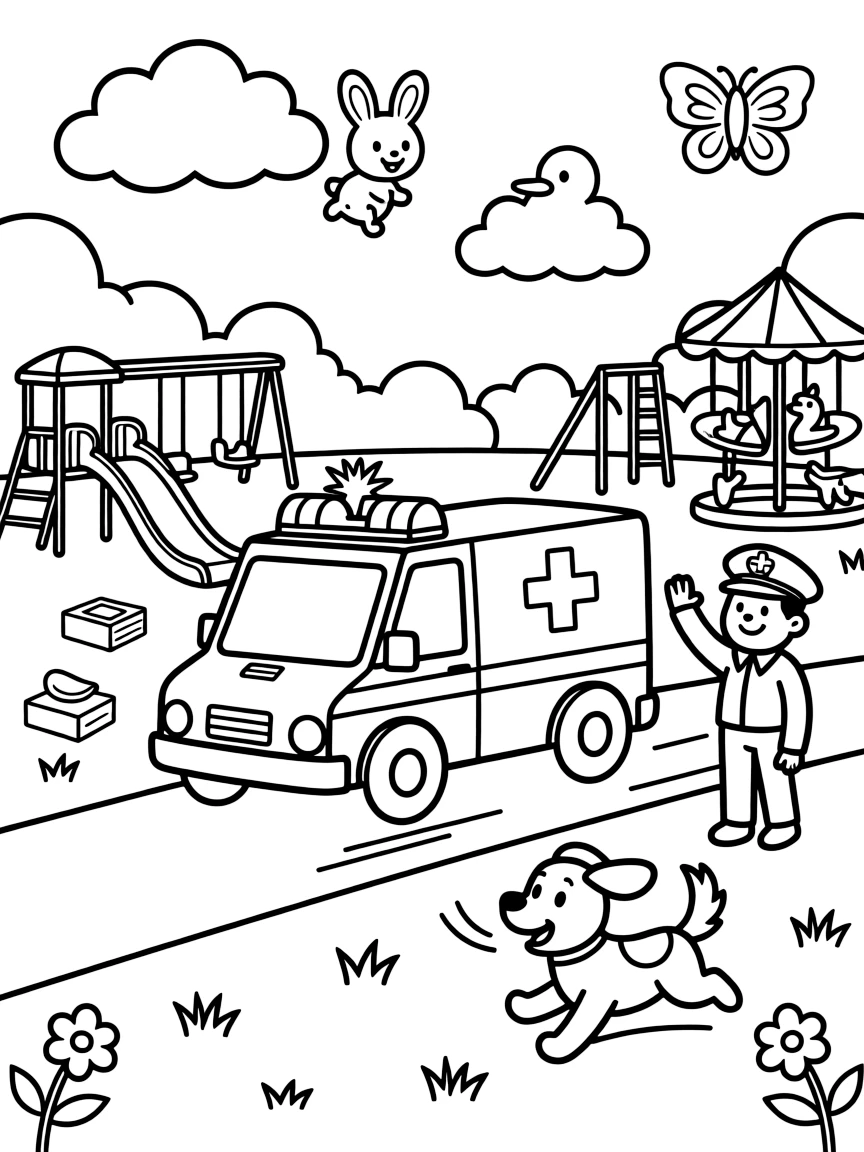 An ambulance with flashing lights rushing to help takes center stage in a sunny schoolyard with a crossing guard and playground, where a friendly dog with its ears flapping in the wind can be seen nearby, surrounded by fluffy clouds shaped like animals drifting overhead.