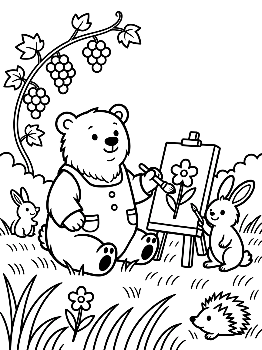 A polar bear cub in a field of tall grass, painting flowers with a bilby, next to a vine of grapes, while baby animals peek out from the bushes.
