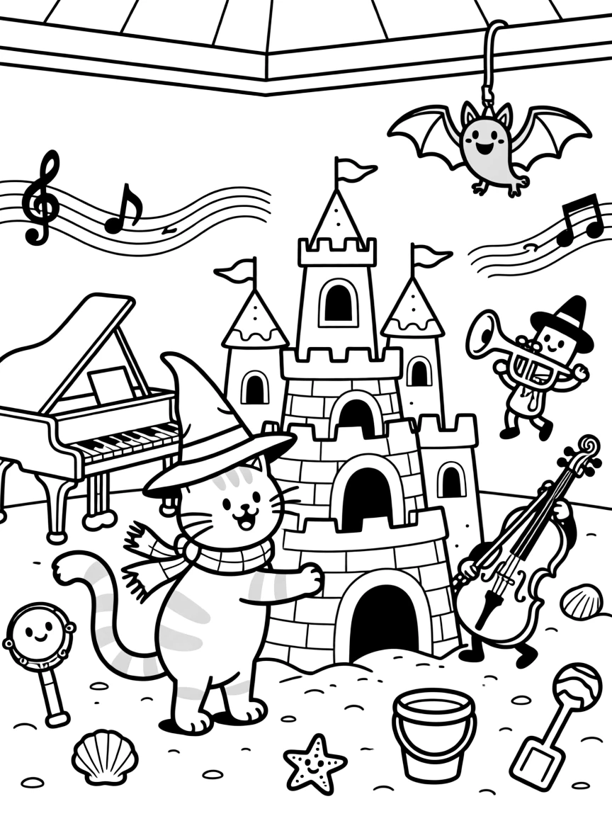 Playful and full of excitement, a witch's cat spends the day building an enormous sandcastle fortress in a music hall filled with dancing instruments. Nearby, a friendly bat hanging upside down nearby adds to the fun. A gentle breeze carries the sound of joyful laughter.