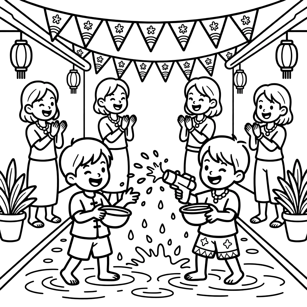 A coloring page showing a lively celebration in Thailand with the Songkran water festival with children splashing water and laughing in the street, while families clap and cheer and colorful banners hang overhead.