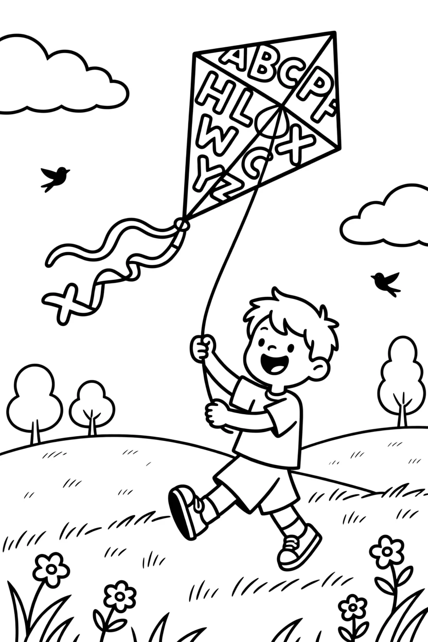 a giggling young boy flies a colorful kite shaped like letters of the alphabet in a spring breeze.