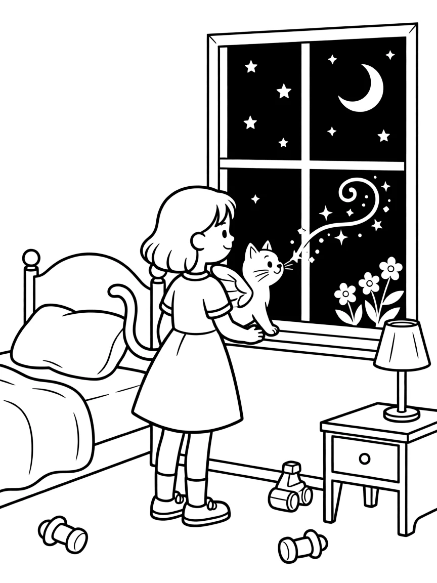 A young girl's magical kitten sprouts tiny wings and a sparkling tail, chasing a trail of stardust through a bedroom window into the night sky.