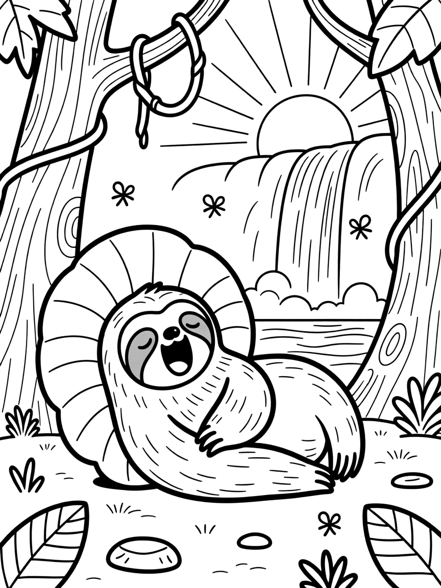 [Jungles] a sleepy jungle sloth resting in the shade of broad leaves among towering jungle trees, letting out a triumphant roar. Nearby, vines hang thick from every branch. Mist rises gently near the waterfall. The scene is captured at sunrise, with fireflies beginning to glow, giving the page a lively and adventurous feel that invites plenty of colorful detail.