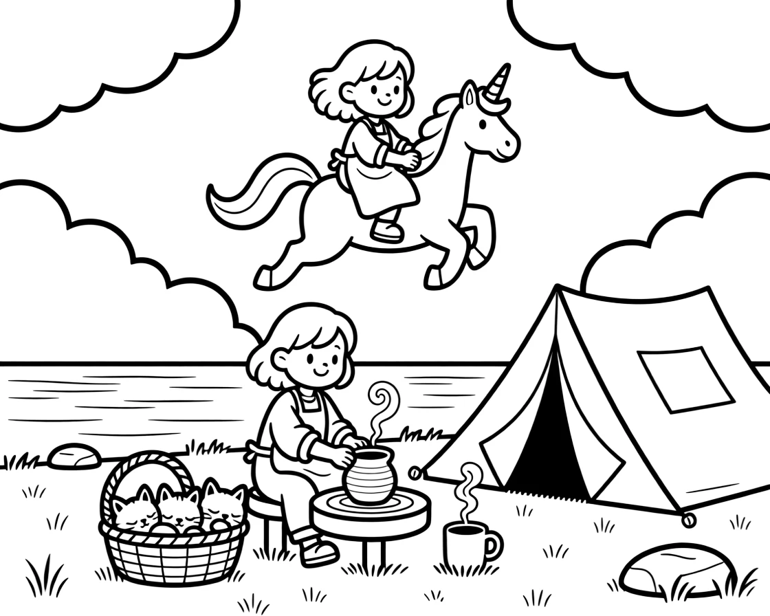 A girl potter shaping clay on a spinning wheel is flying through fluffy clouds on a friendly unicorn at a lakeside campsite with a cozy tent. Just beyond, a basket of sleepy kittens curled together and a curling wisp of steam from a warm mug bring the scene to life.