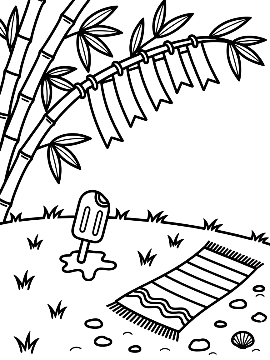 A close-up of bamboo branches hung with colorful wish strips on a grassy hill perfect for flying kites, surrounded by a popsicle melting in the sun and a beach towel spread on the sand.