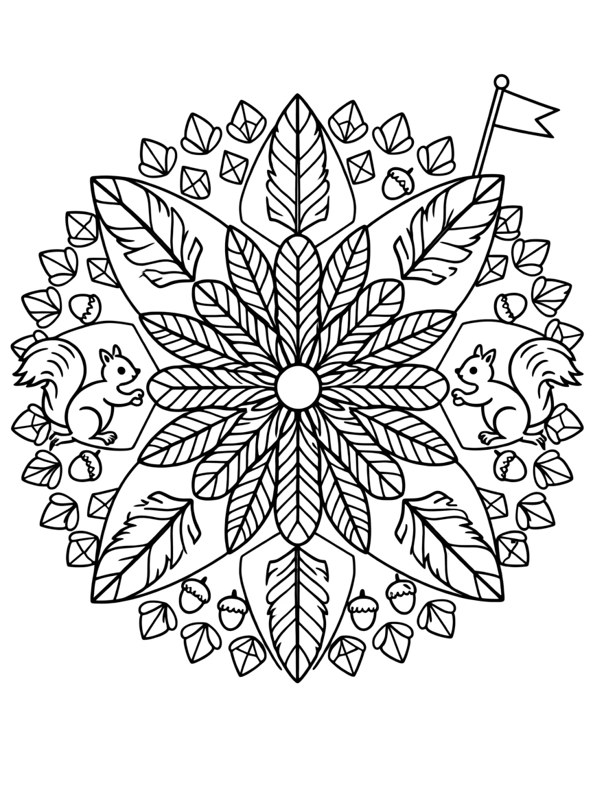 Woodland Animals: The design turns a squirrel leaping with its tail fanned wide into a kaleidoscope-style composition anchored by a feather-ring mandala with plumes fanning outward. The imagery is reflected six times around a central point, so each wedge of the page mirrors the one beside it. Decorative details fill the surrounding space, including clusters of tiny acorns, rows of teardrop-shaped petals, and angular crystal facets woven throughout the background. A playful extra touch completes the page: a small flag on a stick poking out from one side of the pattern.