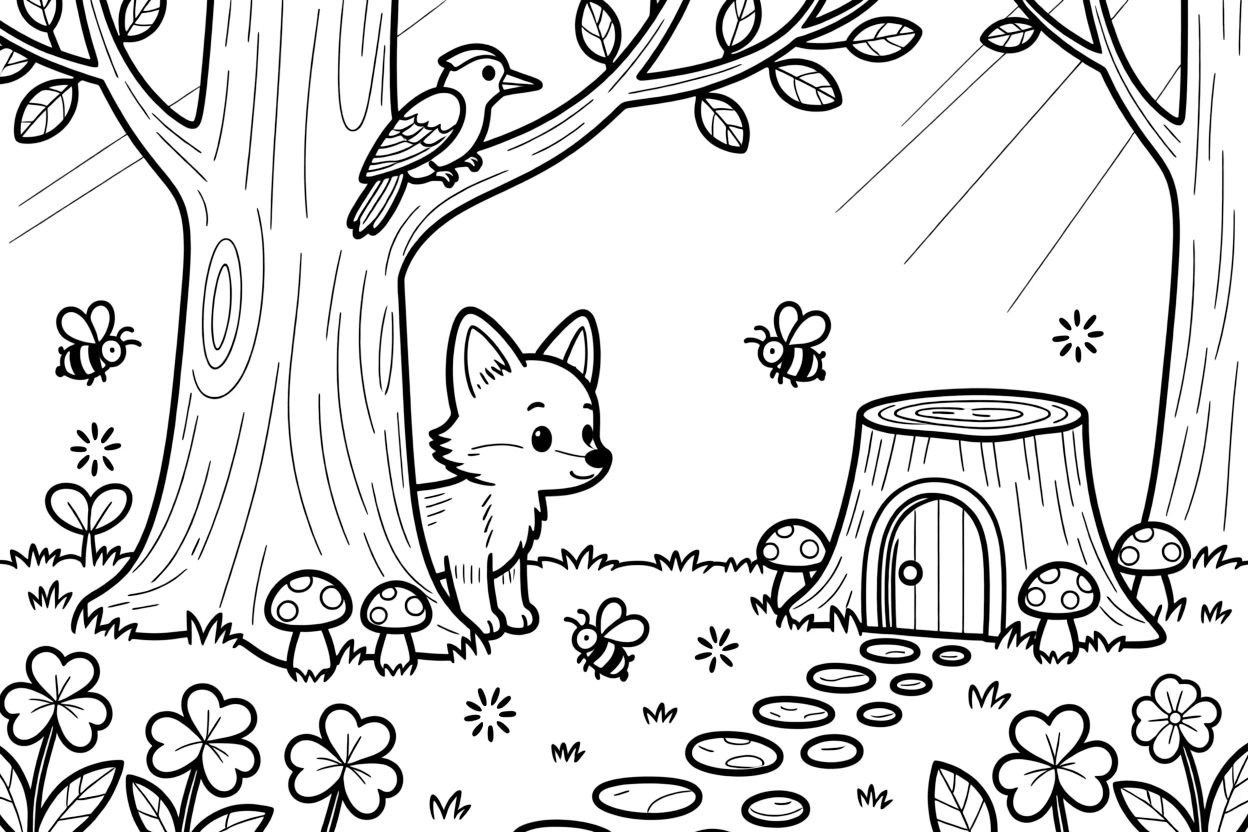 [Enchanted Forest] A curious fox pup peeks out from behind a giant tree trunk, sniffing at a trail of glowing mushrooms. A woodpecker taps at a tree trunk overhead as bumblebees buzz around a patch of clover. A ring of spotted mushrooms circles an old tree stump carved into a tiny door, with pebbles forming a winding path. Soft afternoon light glows through the branches as fireflies begin to twinkle near the undergrowth.