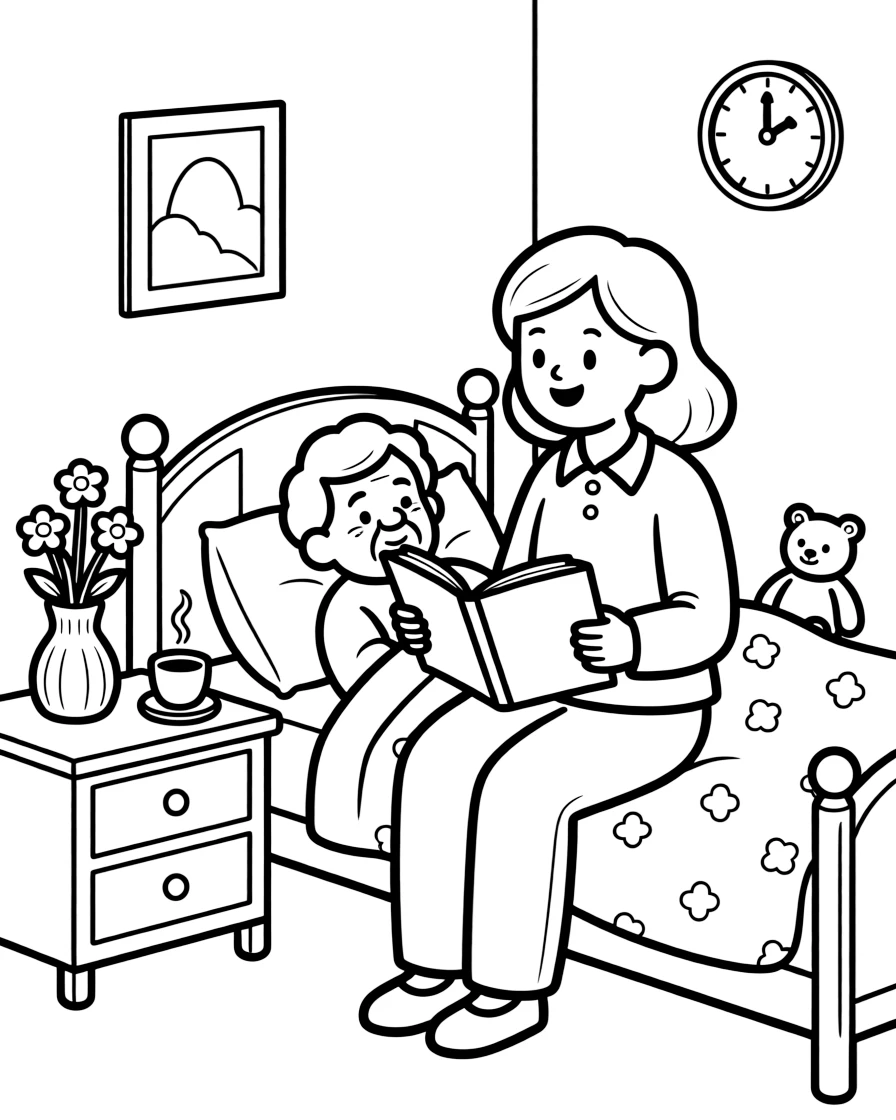 A hospice caregiver reads a storybook aloud to an elderly patient tucked into a cozy bed.
