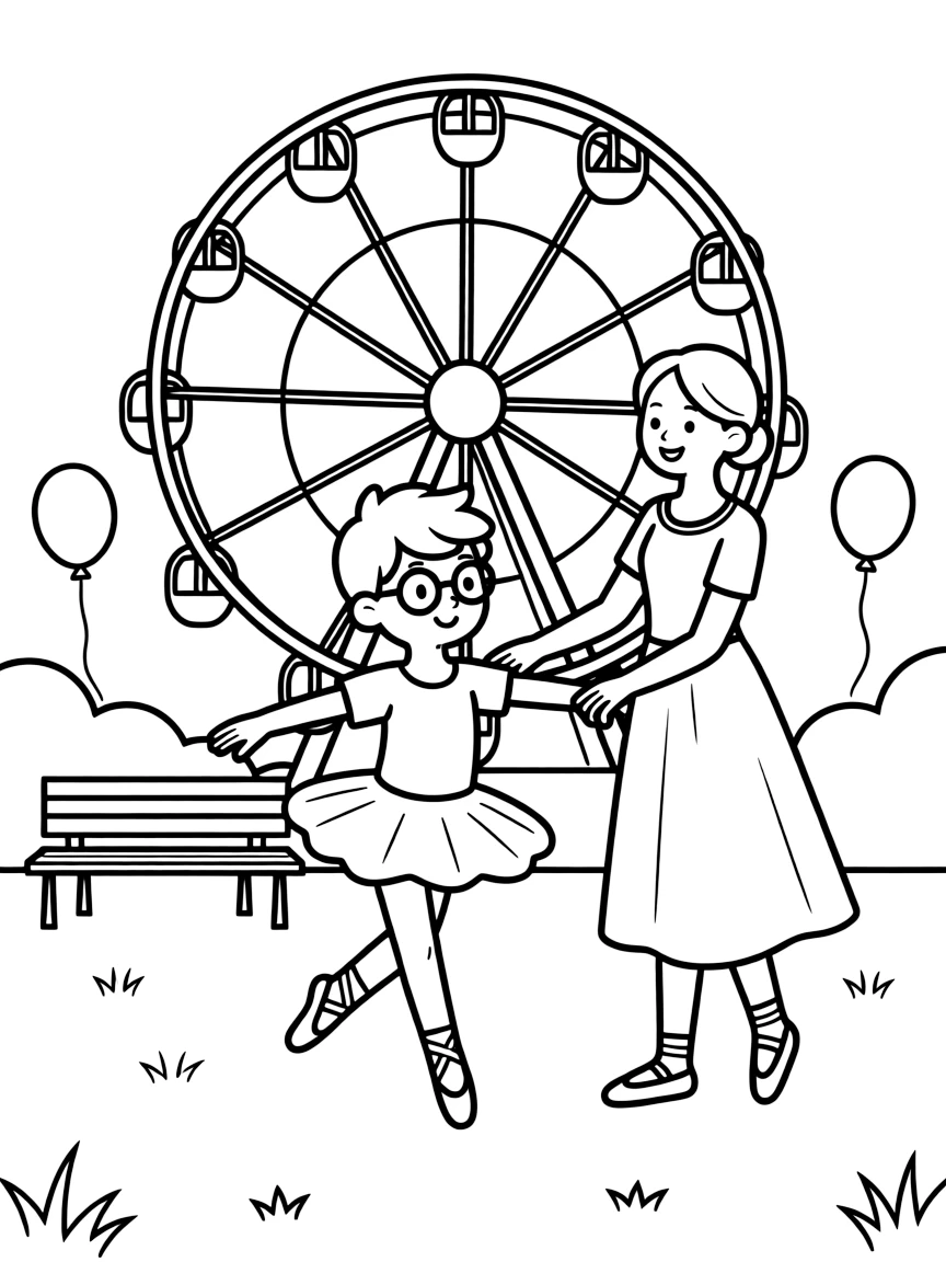 A boy with glasses practicing a twirl with a ballet teacher while a ferris wheel spins in the distance.