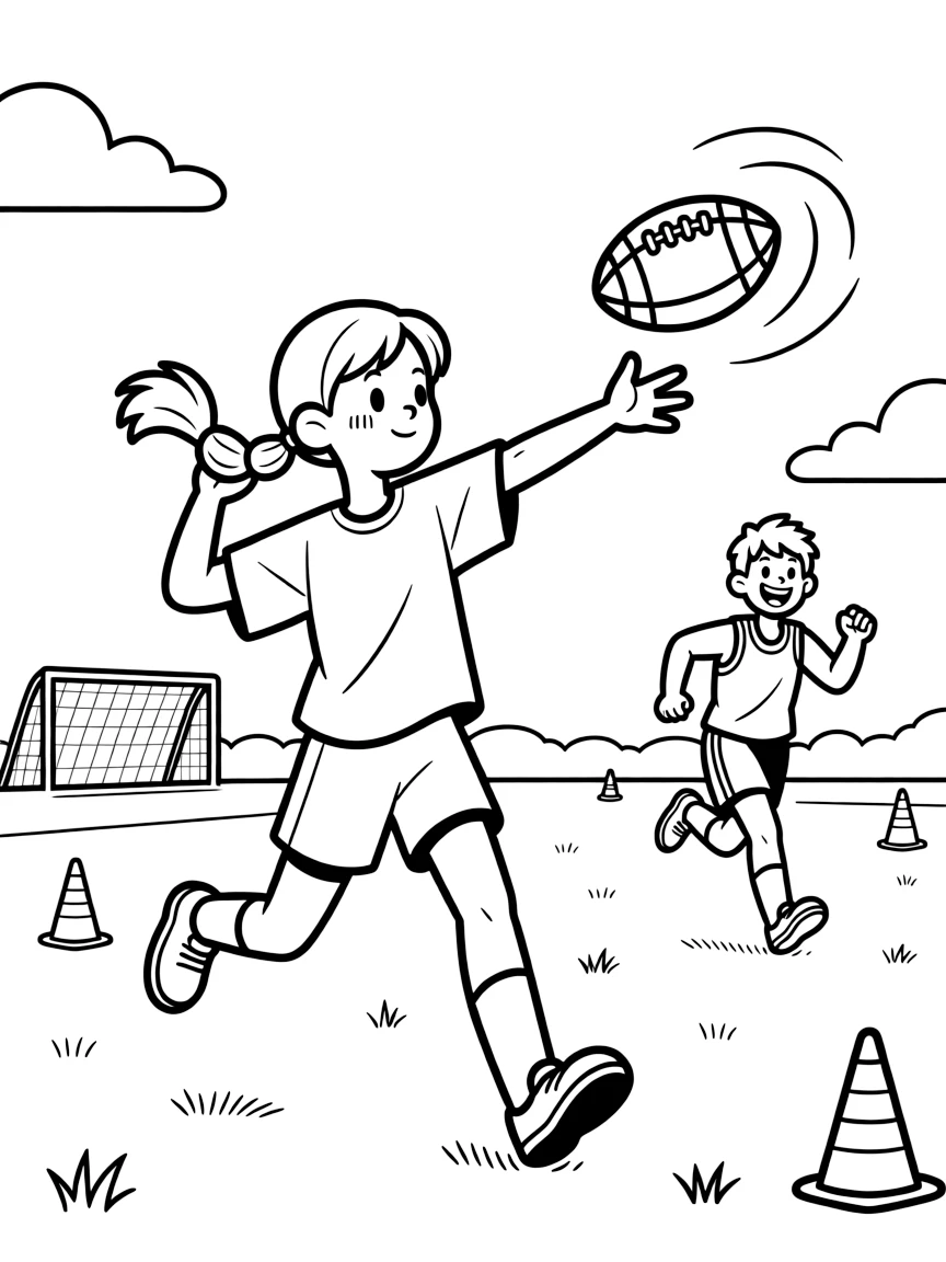 A determined girl with pigtails, throwing a perfect spiral pass downfield to a teammate racing toward the end zone.