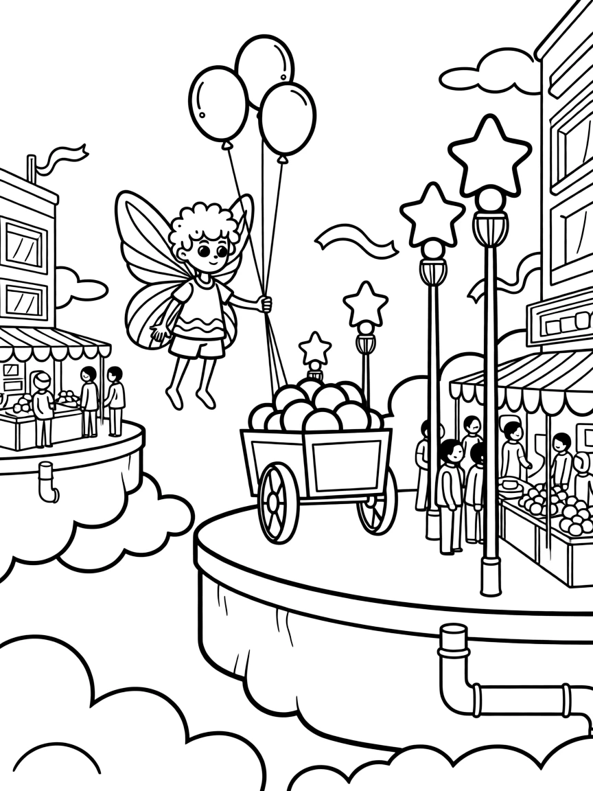 In a cloud city built on giant floating platforms above the clouds, Fenwick, an alien with butterfly-like wings guiding a runaway balloon cart through a busy cyber marketplace, while a row of streetlights shaped like glowing stars adds to the excitement.