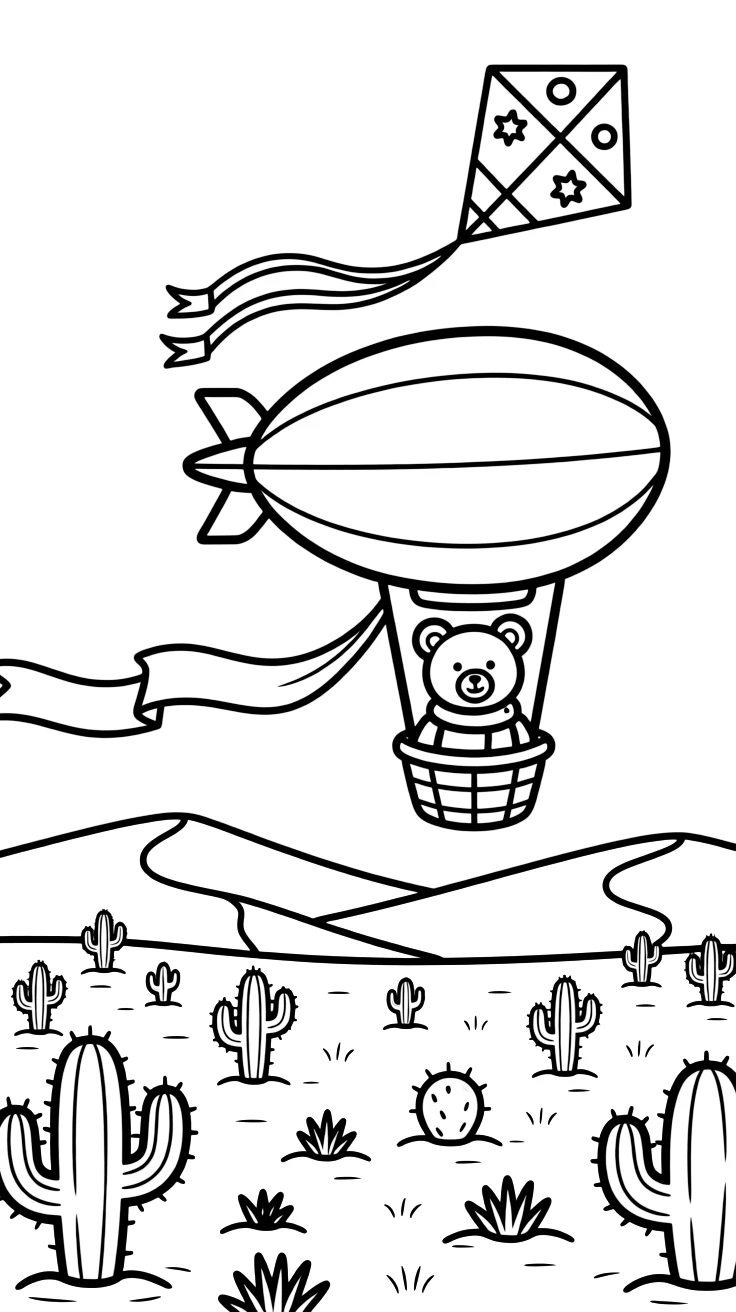A fat round blimp with a banner trailing behind it takes center stage in a golden desert dotted with cacti and distant sand dunes, where a teddy bear buckled safely into the passenger seat can be seen nearby, surrounded by a kite dancing in the breeze above.