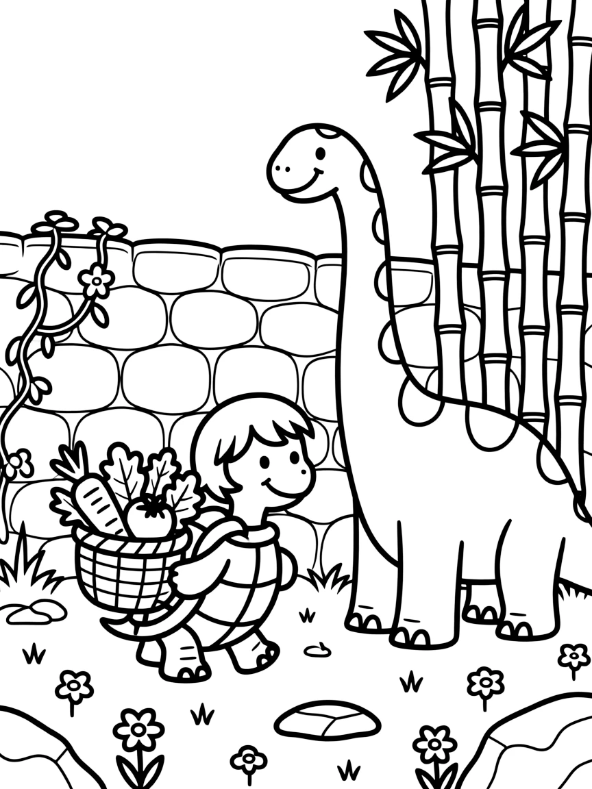 A tortoise in a secret garden behind a stone wall, carrying a basket of vegetables with a brachiosaurus, next to a tall bamboo grove.